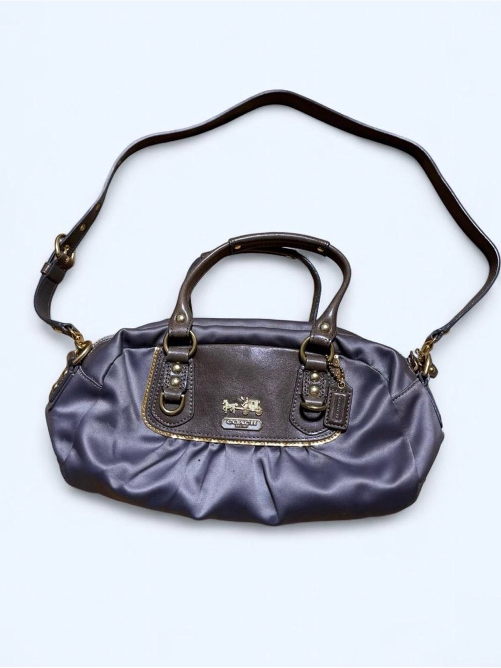 Coach Satin Purple Shoulder Bag with Brown Leather Trim